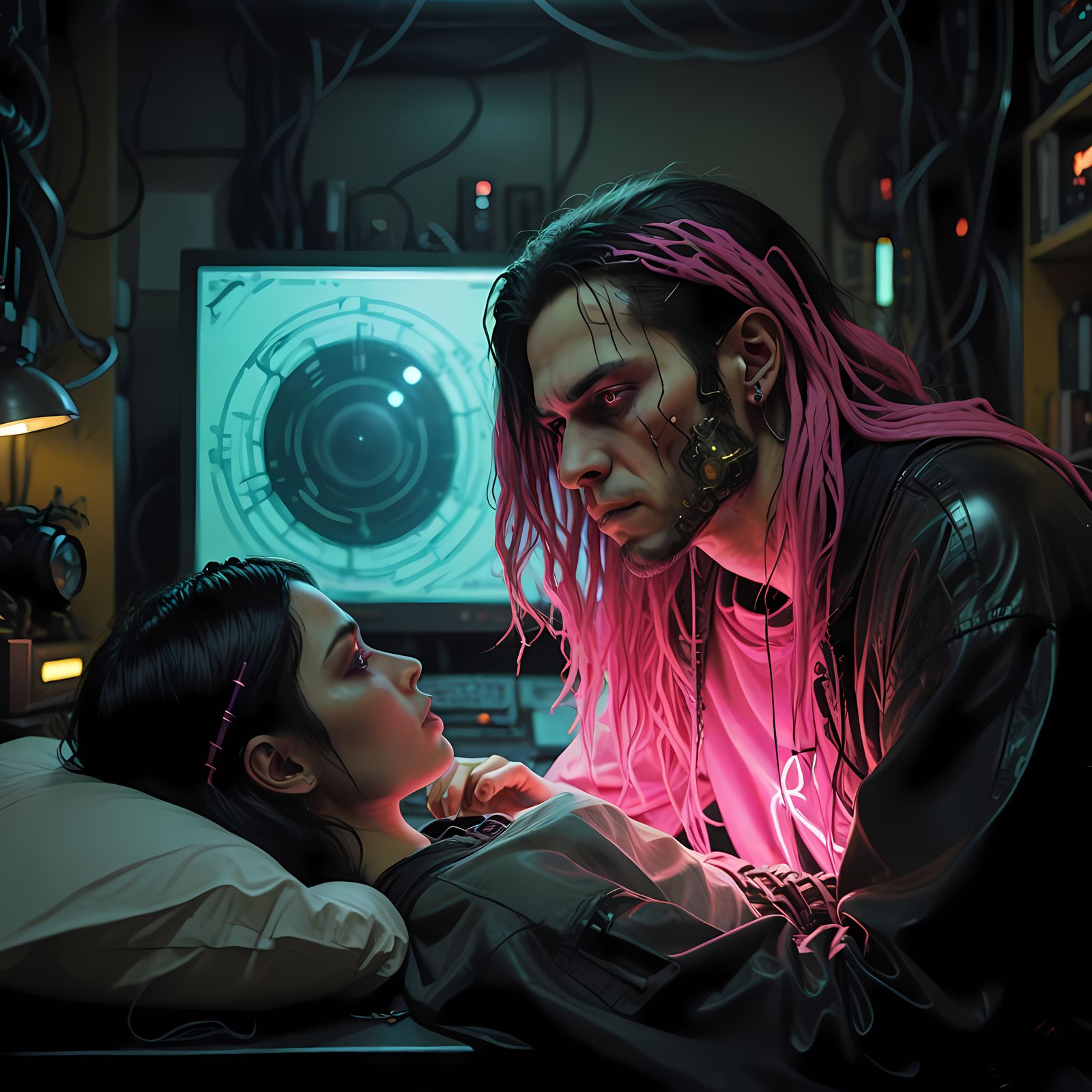 Ethereal Cyberpunk Lovers in a Dreamlike Hilltop Town