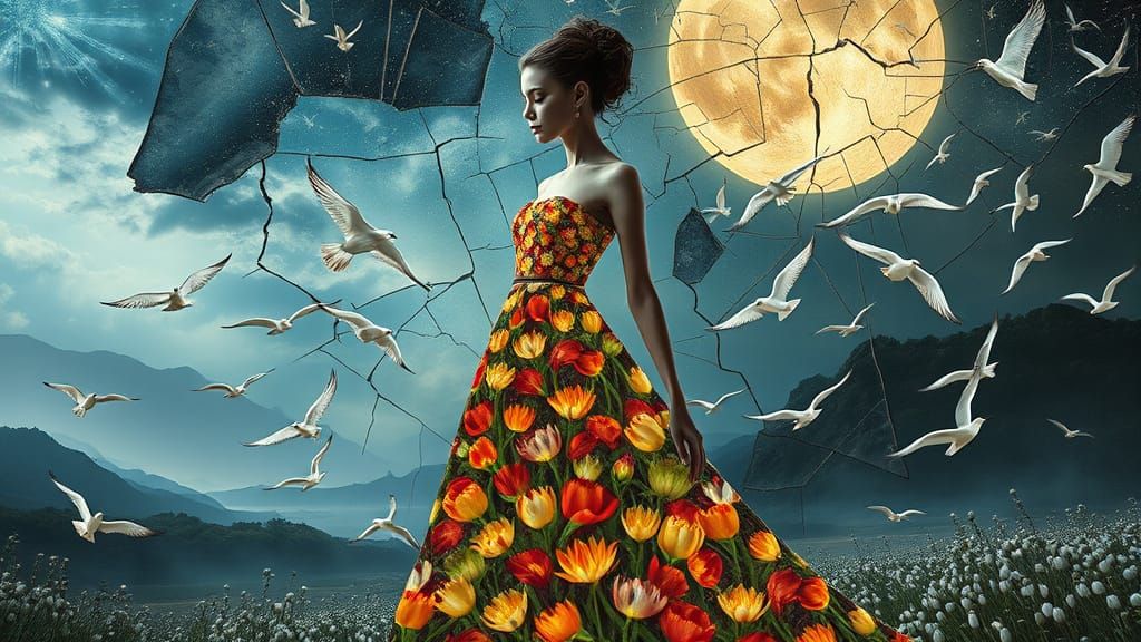 Woman in Fritillaria Dress: Surreal Floral Collage