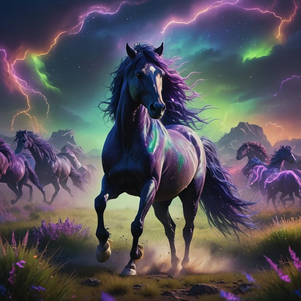 Neon Horse Galloping Through Cosmic Landscape
