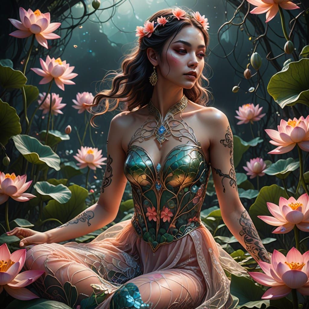 Woman in Lace Dress with Flowing Energy