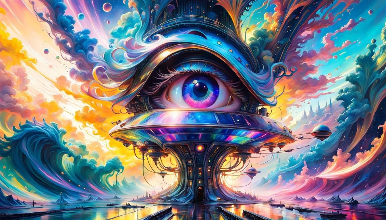 Spaceship Vanishing Into Iridescent Surrealscape