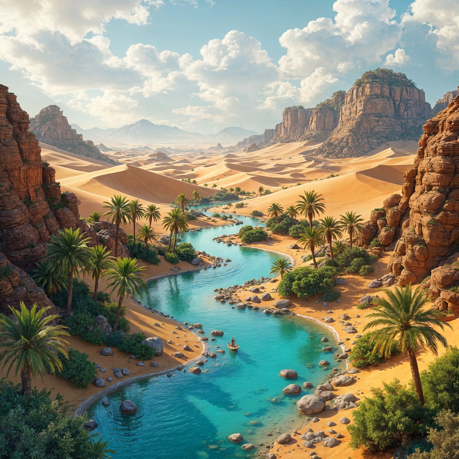 Lush Oasis in Arid Desert, Matte Painting Style