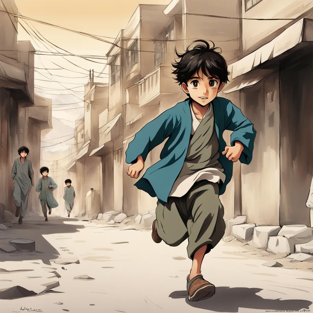 Afghan Boy Running in Kabul: Anime Style
