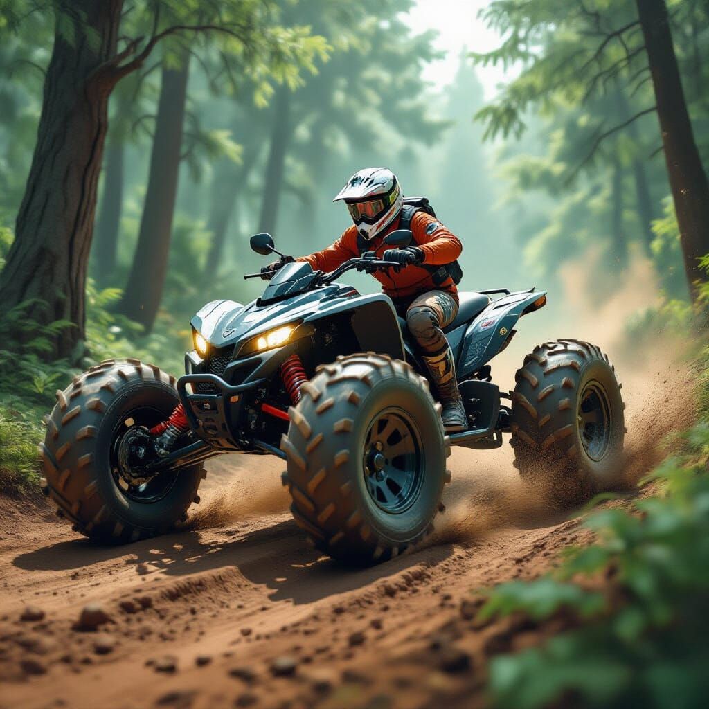 Mud-Splattered Trike on Forest Trail in Gritty Style