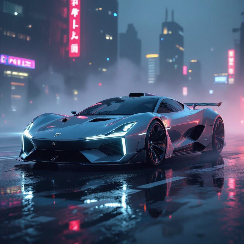 Futuristic Hyperrealistic Car in Neon City Lights