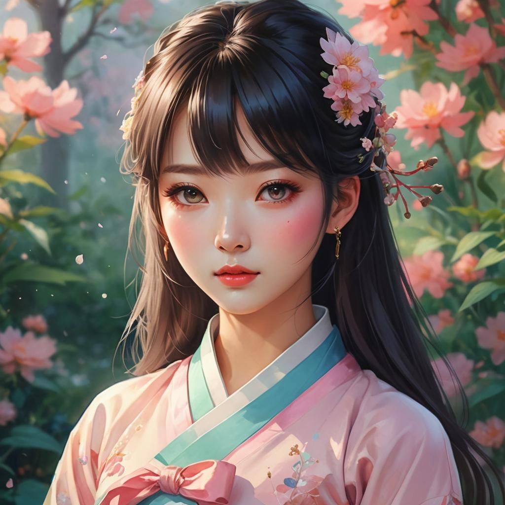 Beautiful Korean Woman in Traditional Hanbok Dress, Illustra...