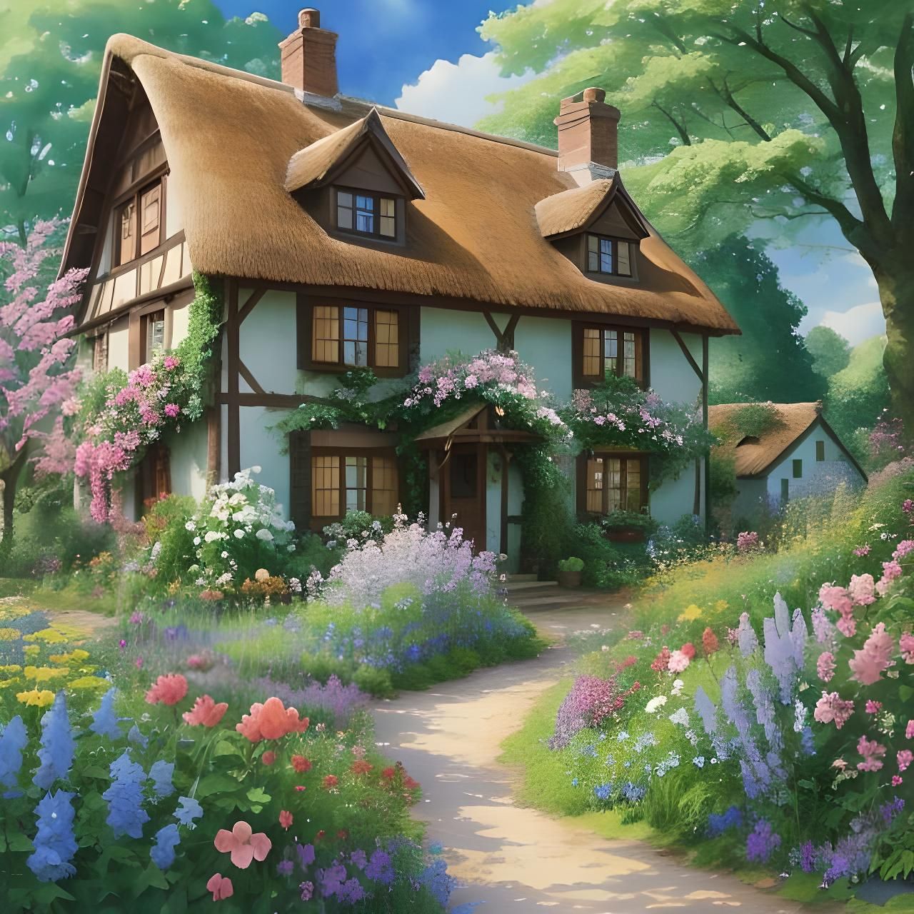 Colorful Cottage Garden in Impressionist Watercolor Style