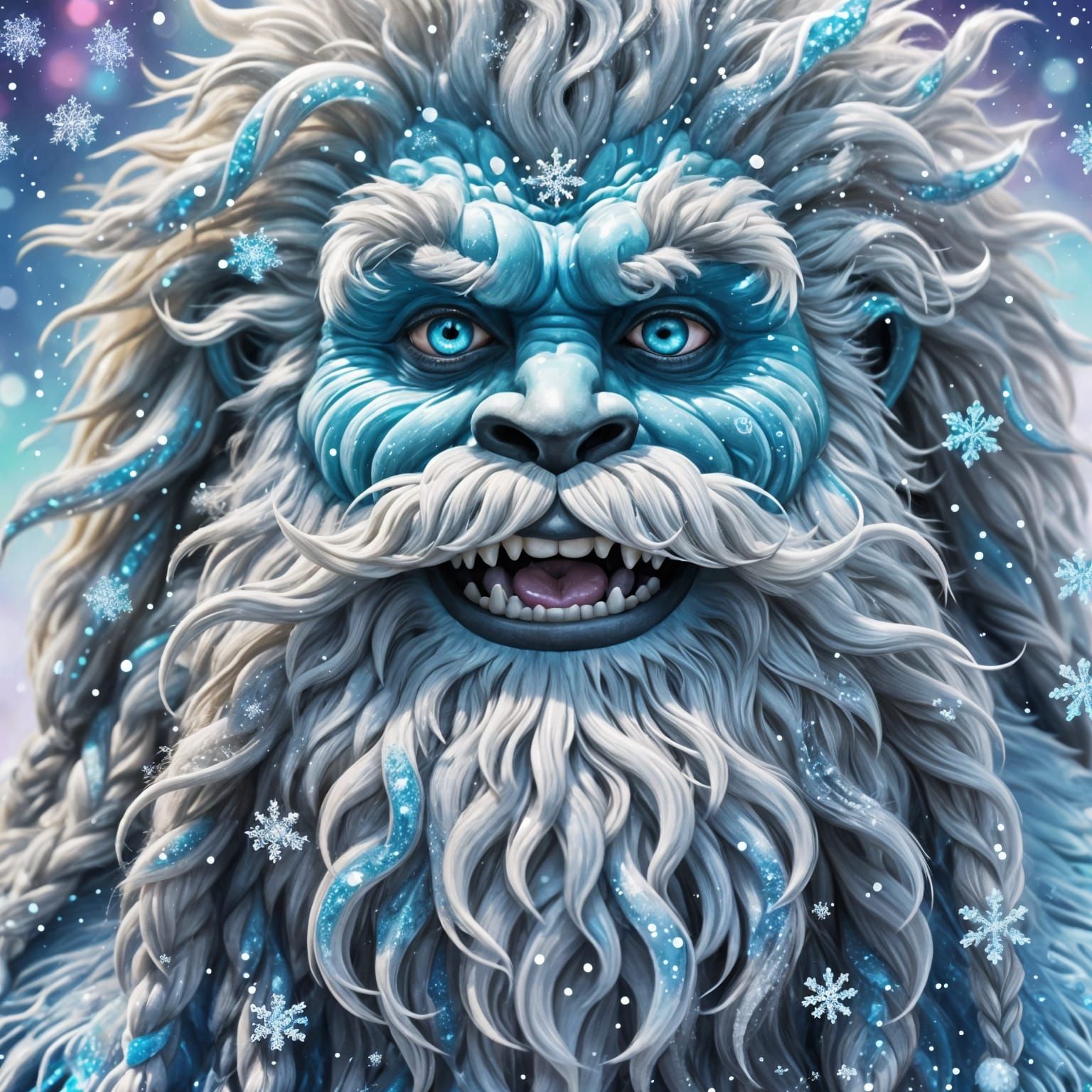 Cheerful Yeti with Sparkling Snowflake Beard