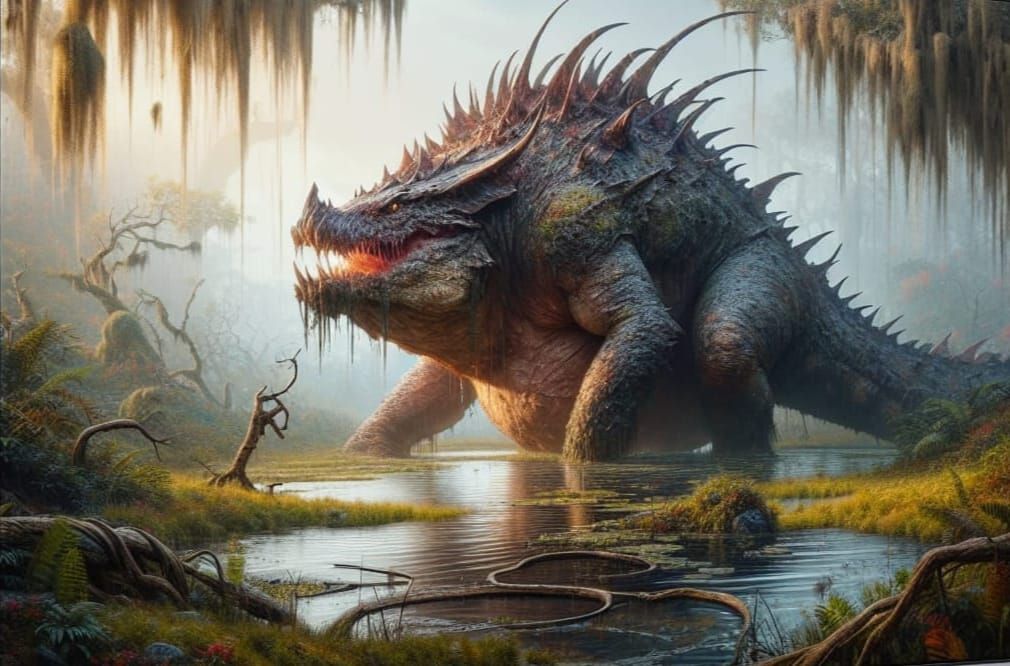 Giant Swamp Monster Gaze in Fantasy Landscape