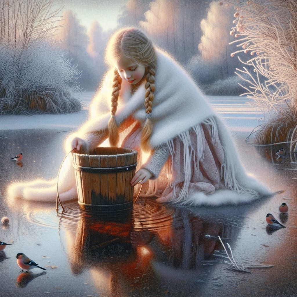 Scandinavian Girl Scooping Water, Dreamlike Oil Painting