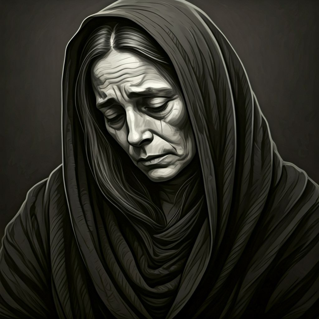 Grieving Mother Portrait in Kollwitz-Inspired Black and Whit...