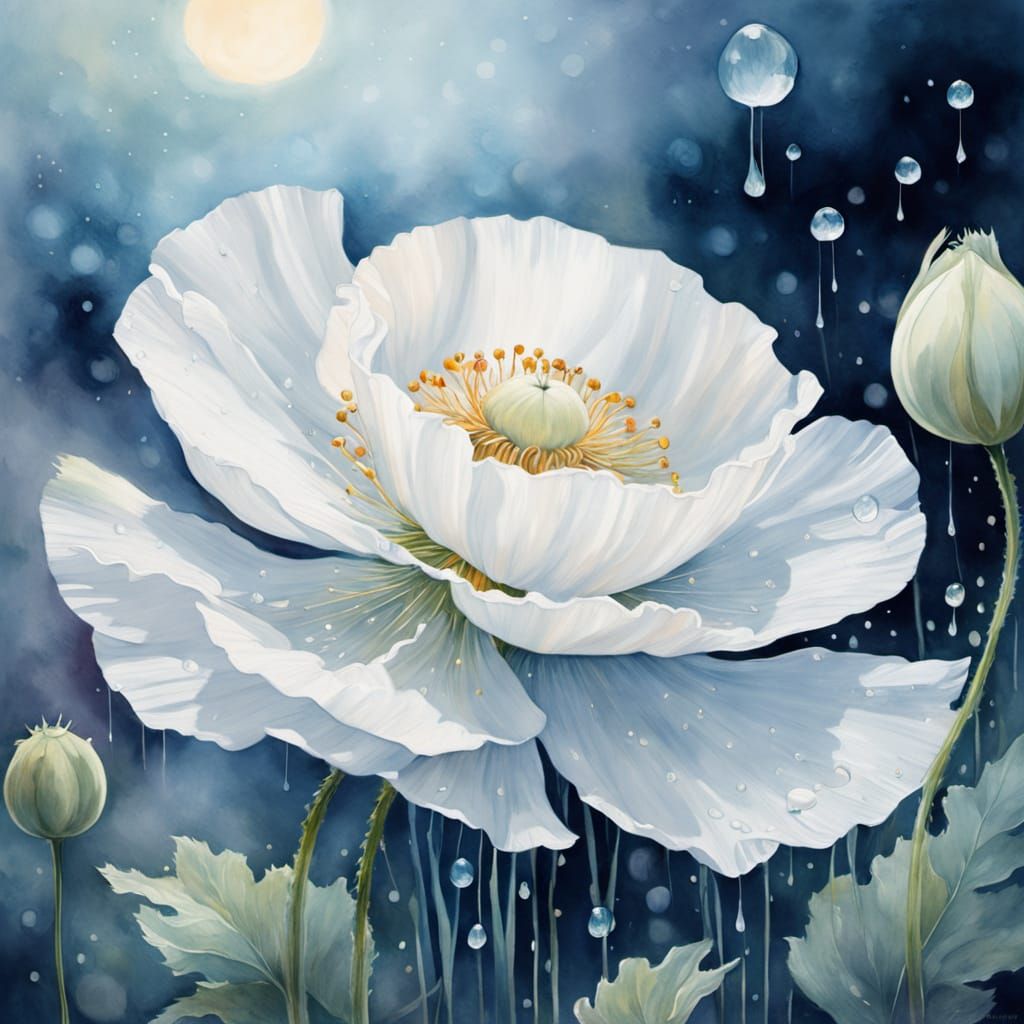 Ethereal Watercolor Poppy in Moonlight