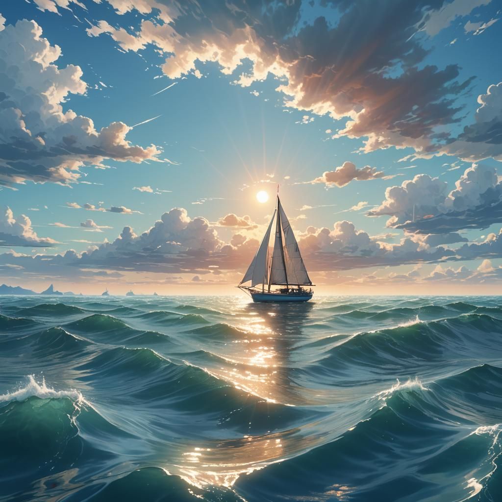 Sailboat on Calm Sea: 3D Anime Inspired Art