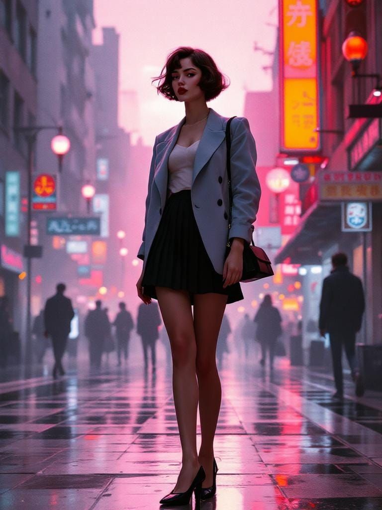 Retro Woman in Cityscape, Science Fiction Style