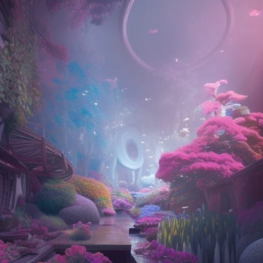 Surreal Smoke House with Flowers in Triadic Colors