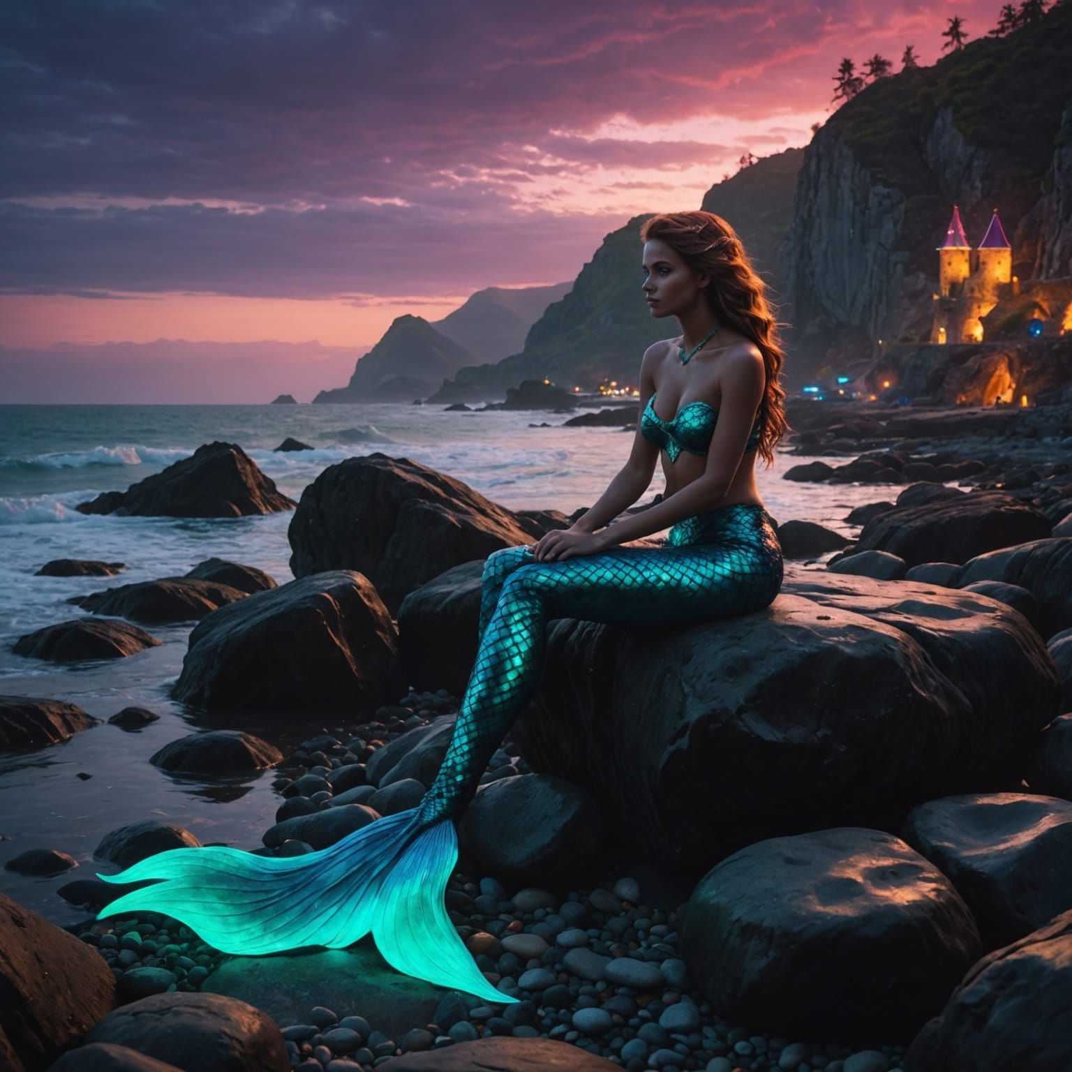 Neon Mermaid on Seaside Rocks: Digital Matte Painting