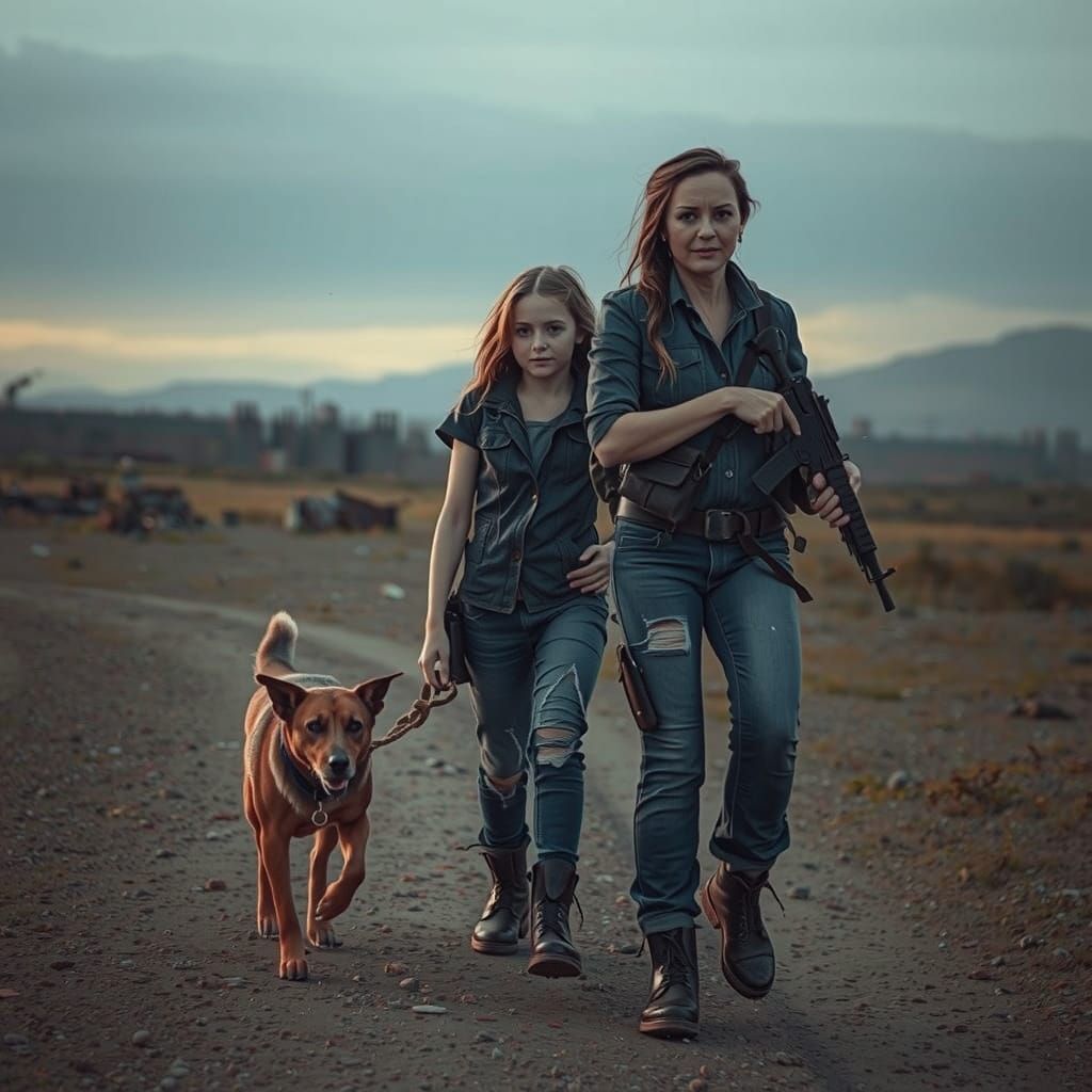 Mother and Daughter Survivors in a Desolate Post-Apocalyptic...