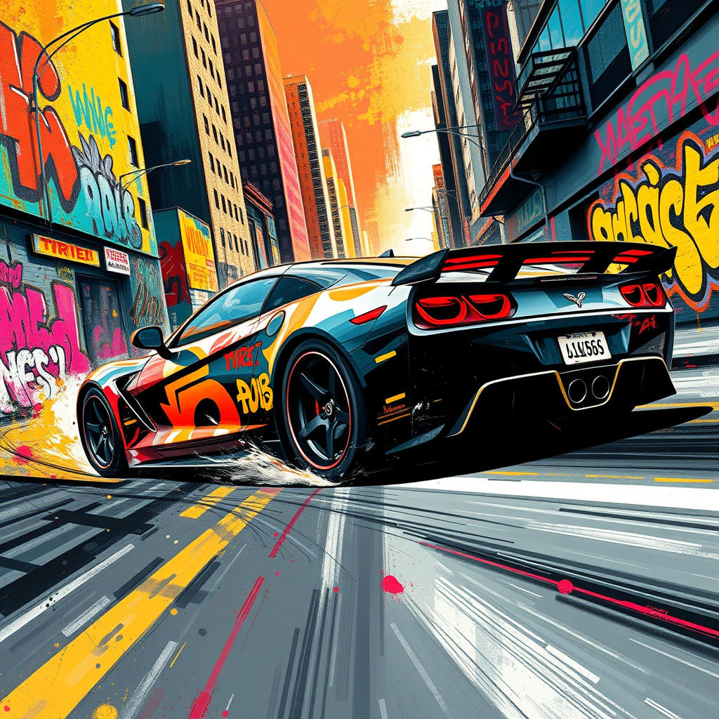 High-Speed Graffiti Sports Car in Street Art Style