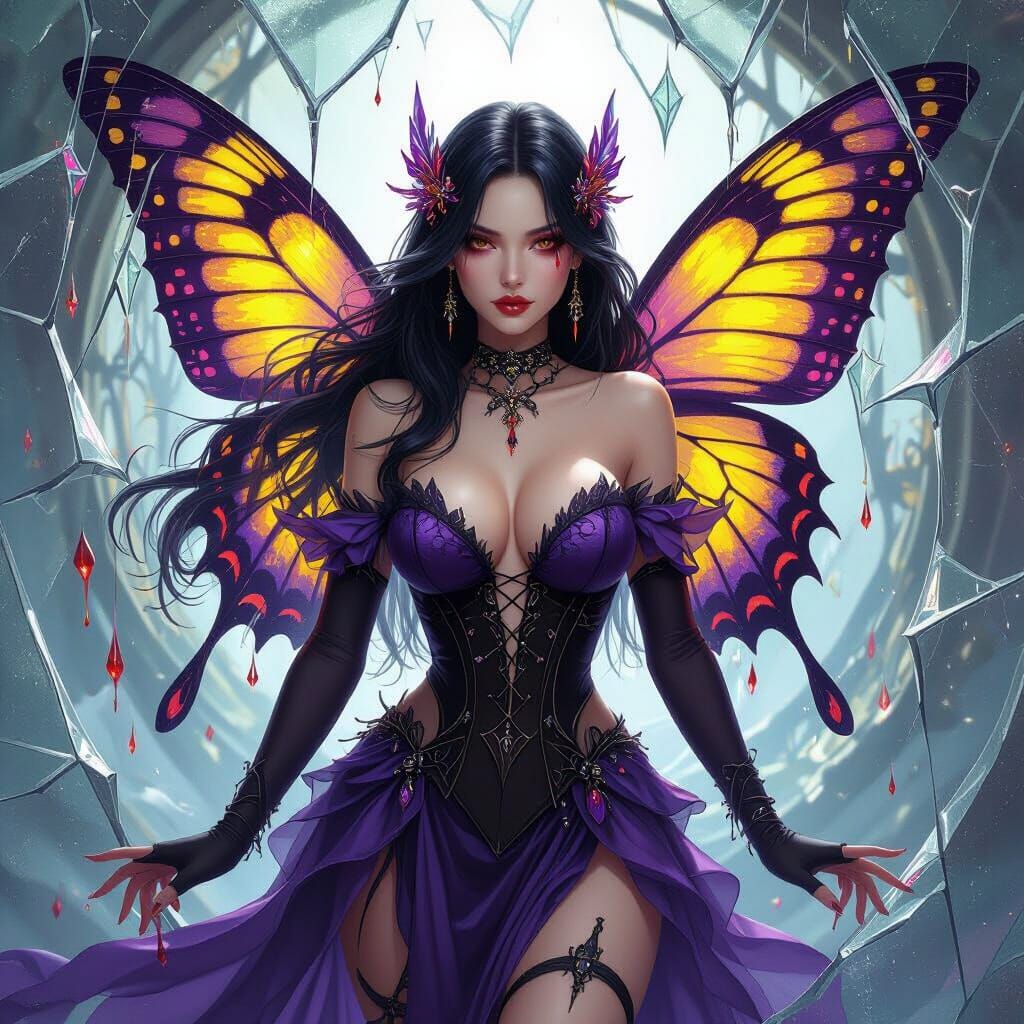 Gothic Fairy Amidst Shattered Glass in Dark Fantasy Style
