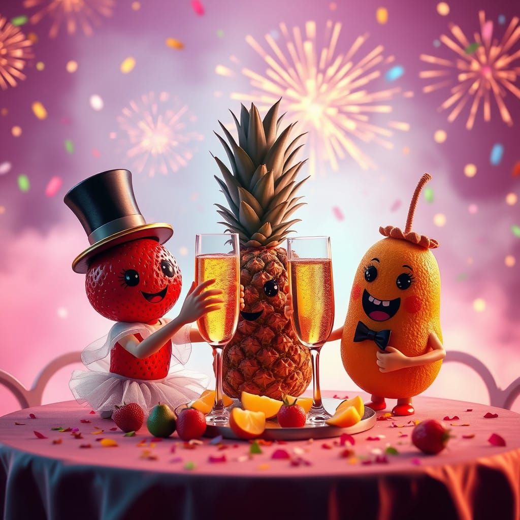 Imagine silly silhouette shot of cute fruits in costumes raising glasses in celebration, background filled with pastel c...
