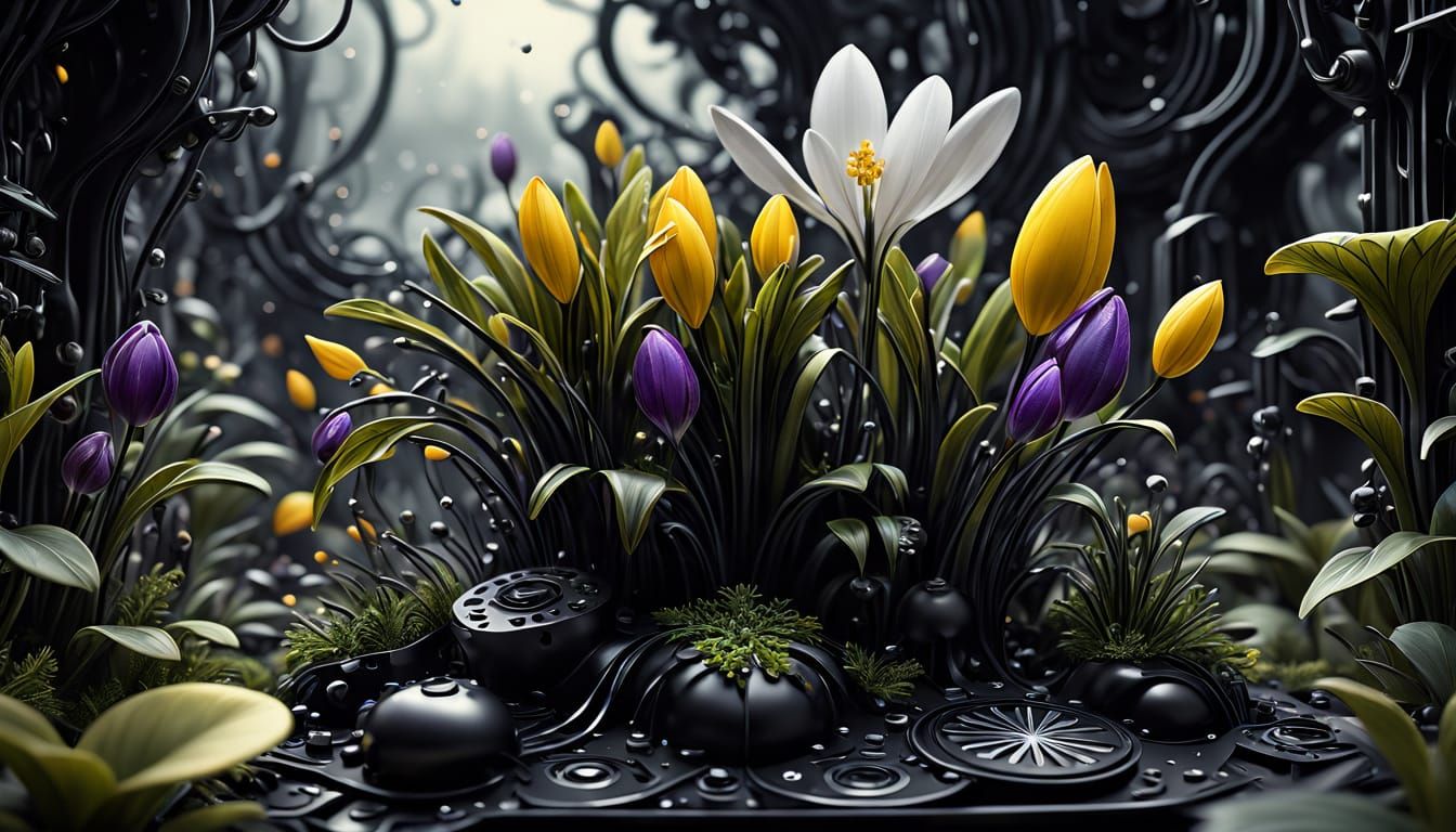 Surreal Cyberpunk Bloomers World with Circuit Board Leaves