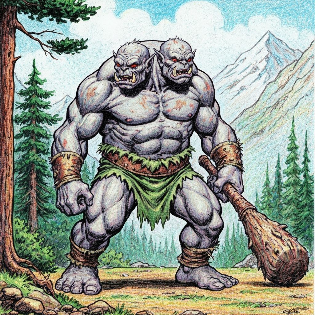Two-Headed Ogre in Lush Forest, Comic Book Style