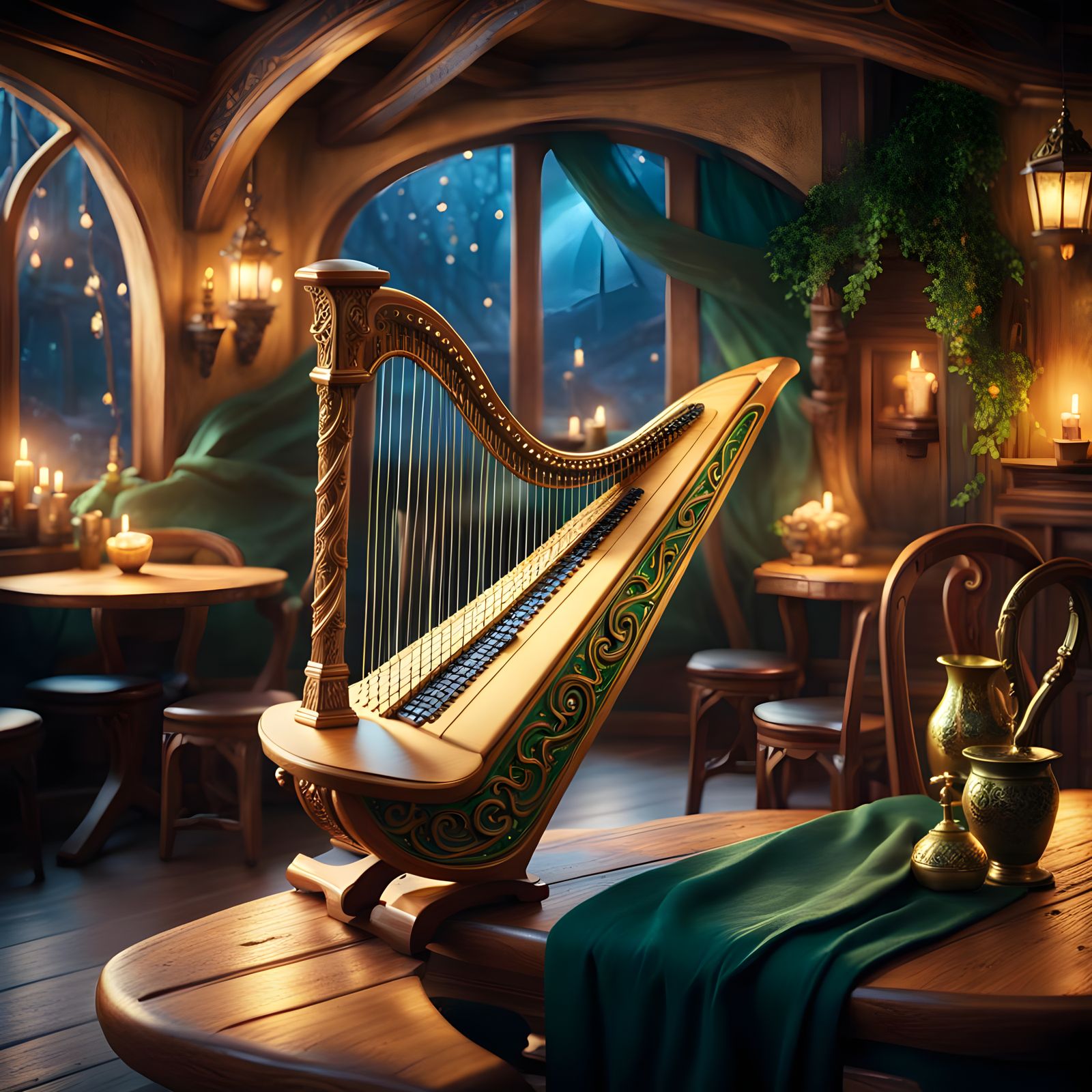 Magical Lap Harp in Elven Tavern: Digital Matte Painting