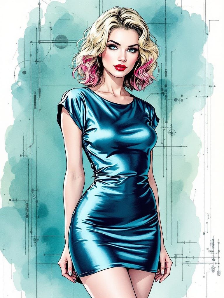 Pin Up Woman in Metallic Dress in Foggy Landscape