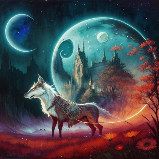 Mythological Landscape with Dark Eclipse in Watercolor Style