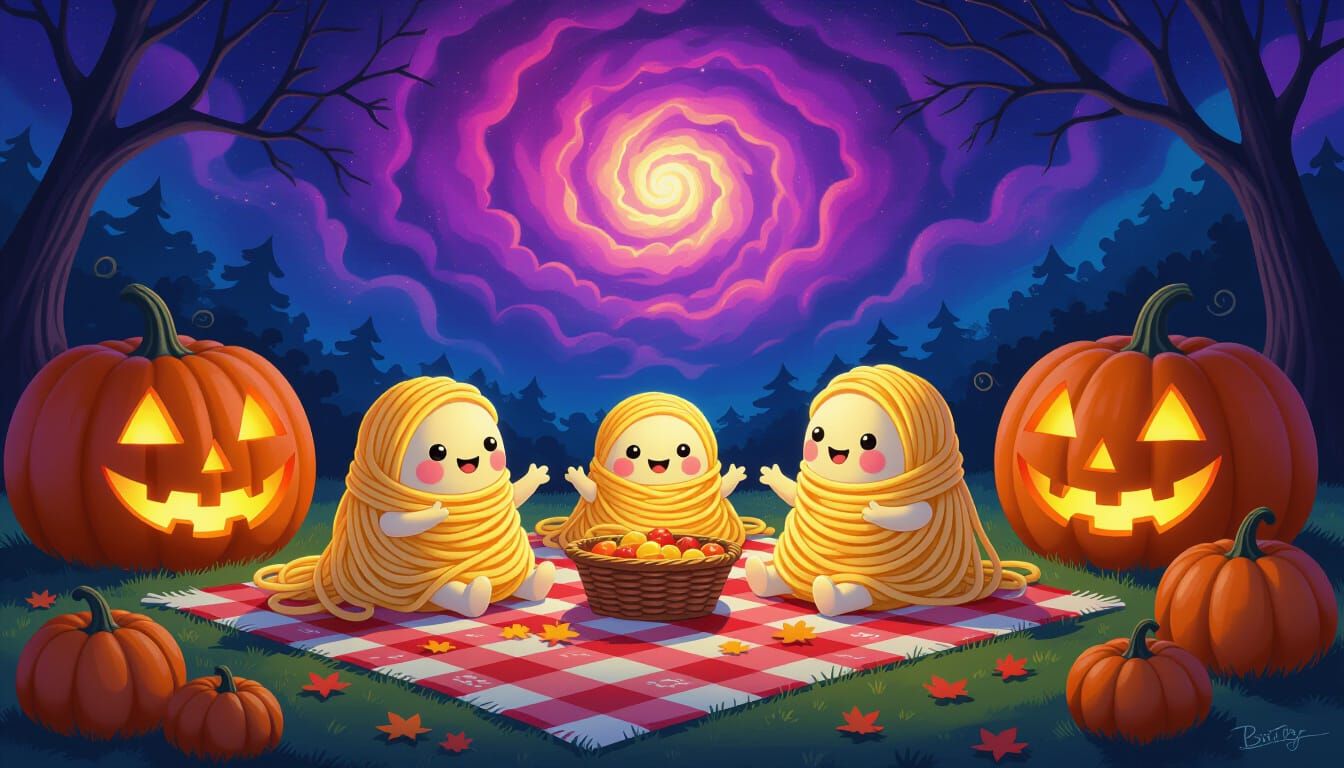Spaghetti Creatures Picnic Under Cosmic Sky