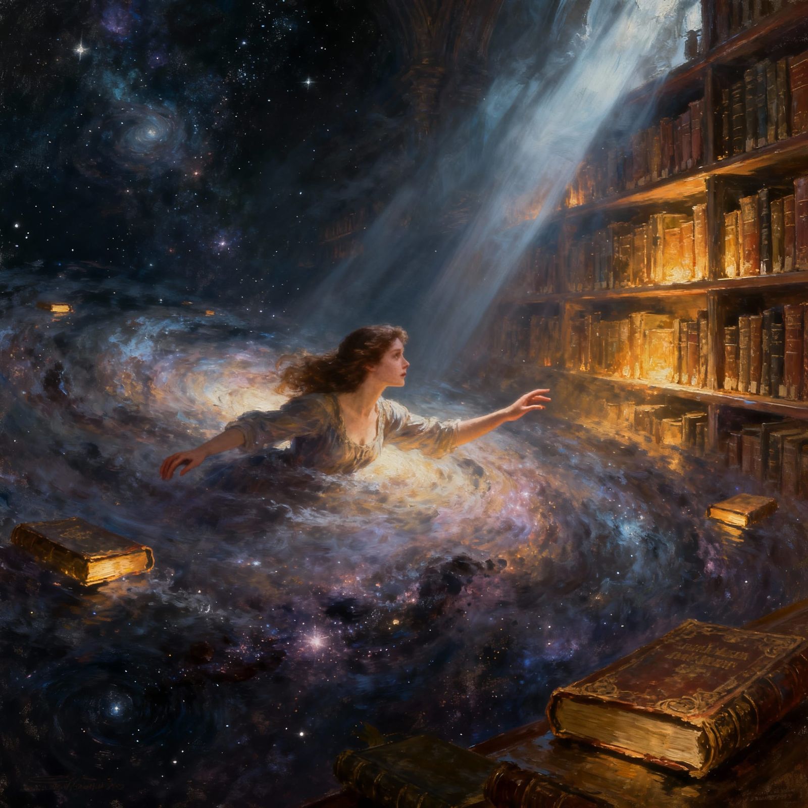 Woman Reaching for Cosmic Library in Nebula