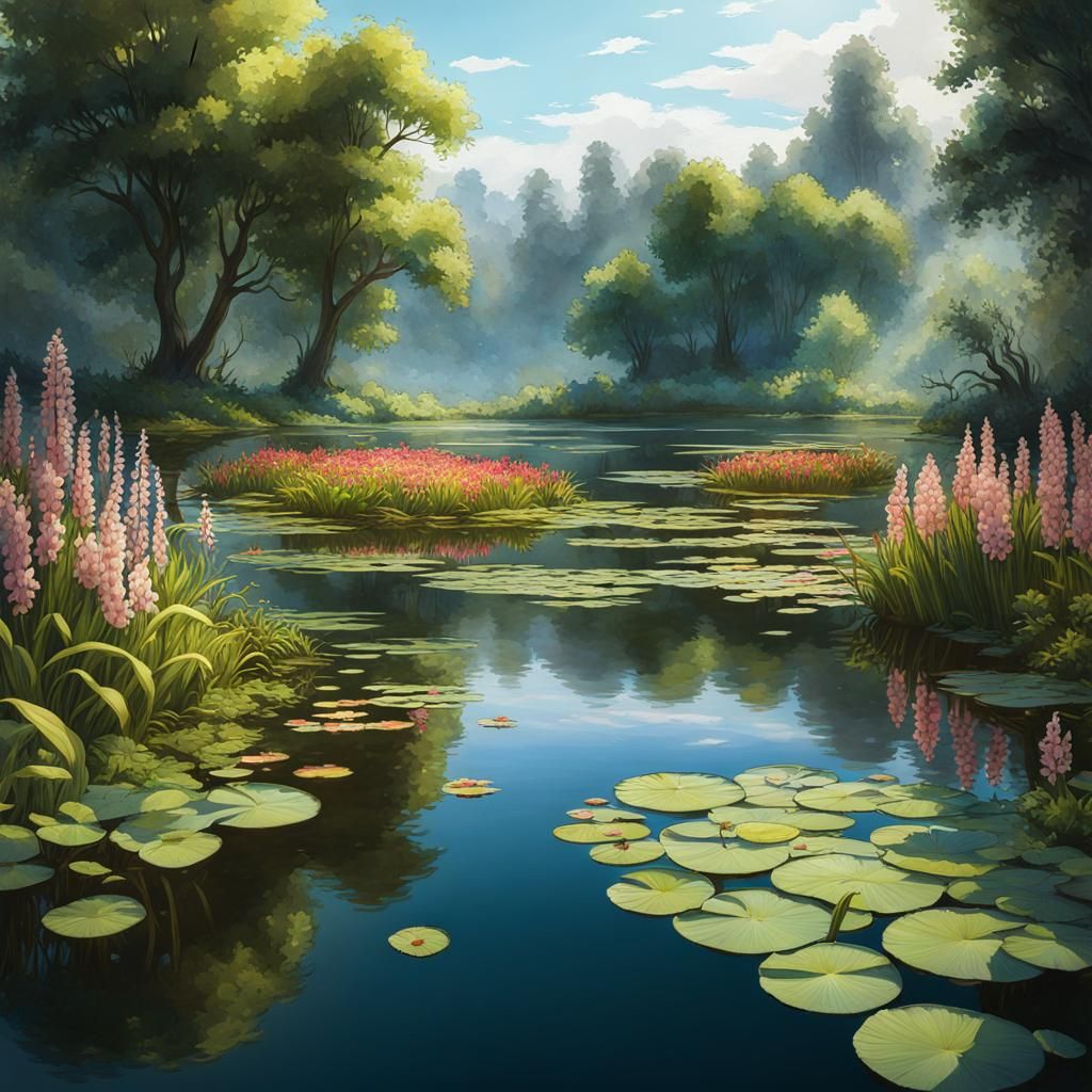 Watercolor Pond Landscape with Wildflowers