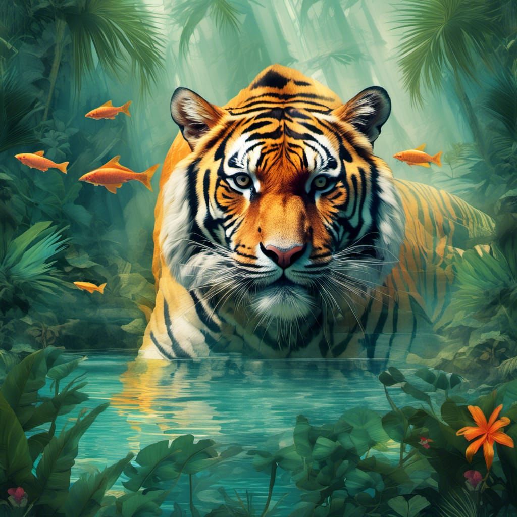 Bengal Tiger in Transparent Layers, Tropical Paradise