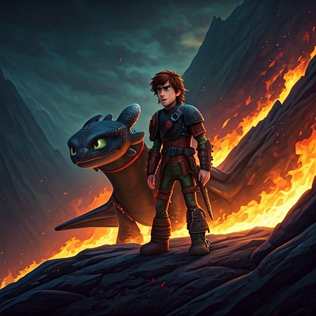 Hiccup and Toothless on a Fiery Mountain