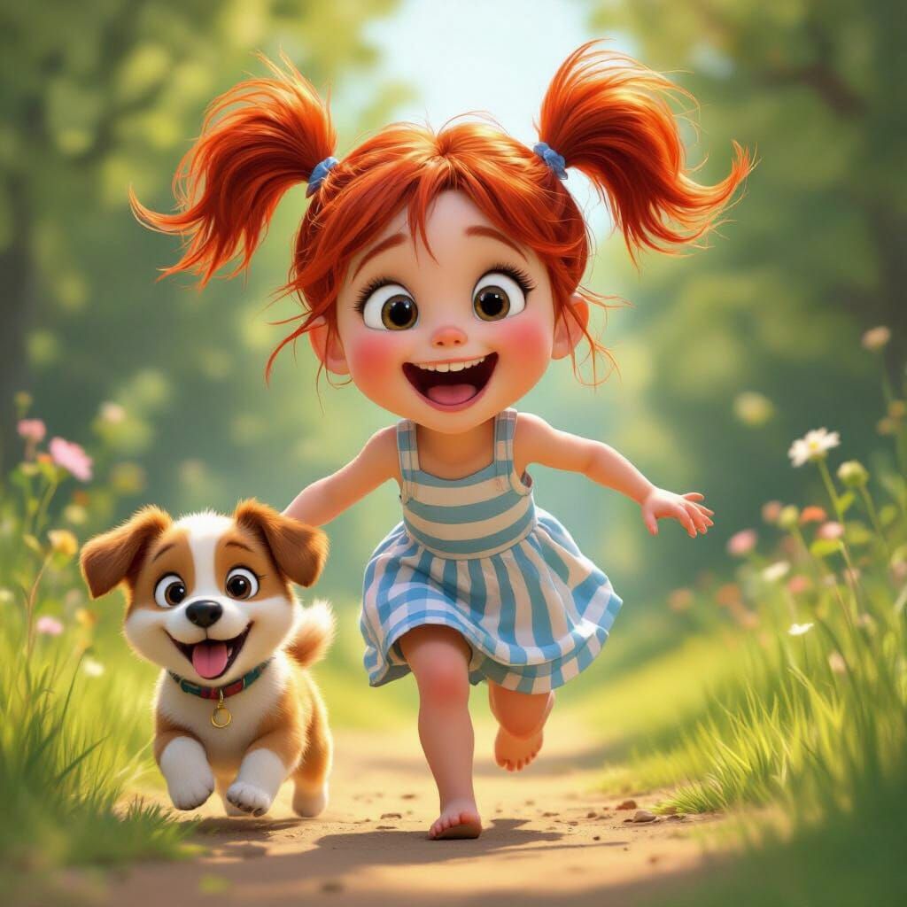 Joyful Girl with Red Pigtails and Puppy, Pixar Style