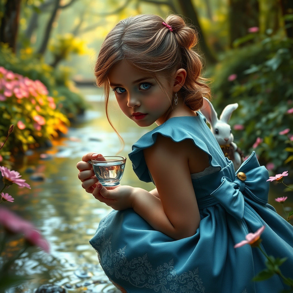 Alice in Wonderland by River in Hyperrealistic Style