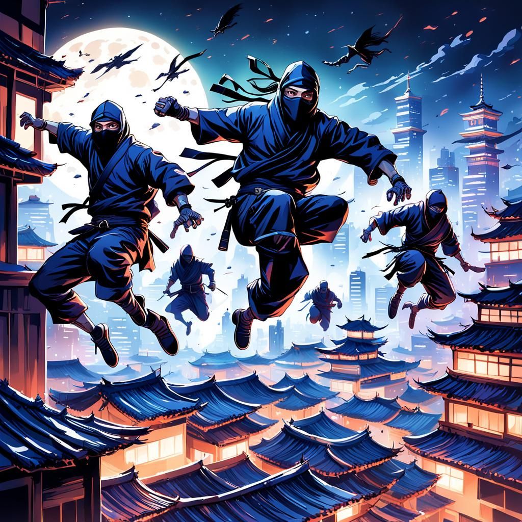 Ninjas Leap Across Moonlit Cityscape: Hyperrealistic Splash ...