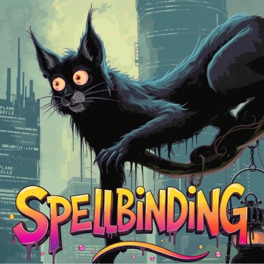 A sleek, elongated Shadow Lynx scrawny, cat, with extremely long lean legs, with a wiry, dripping, inky black coat, made...