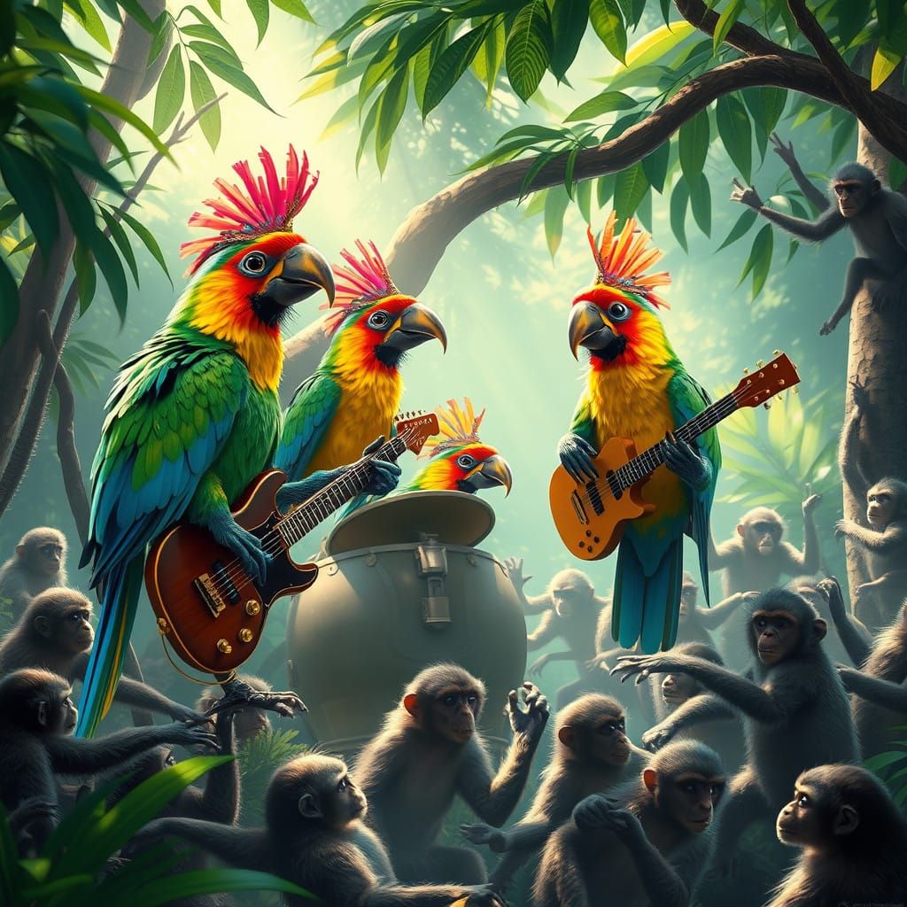 Vibrant Tropical Birds Jam Together in a Jungle Clearing