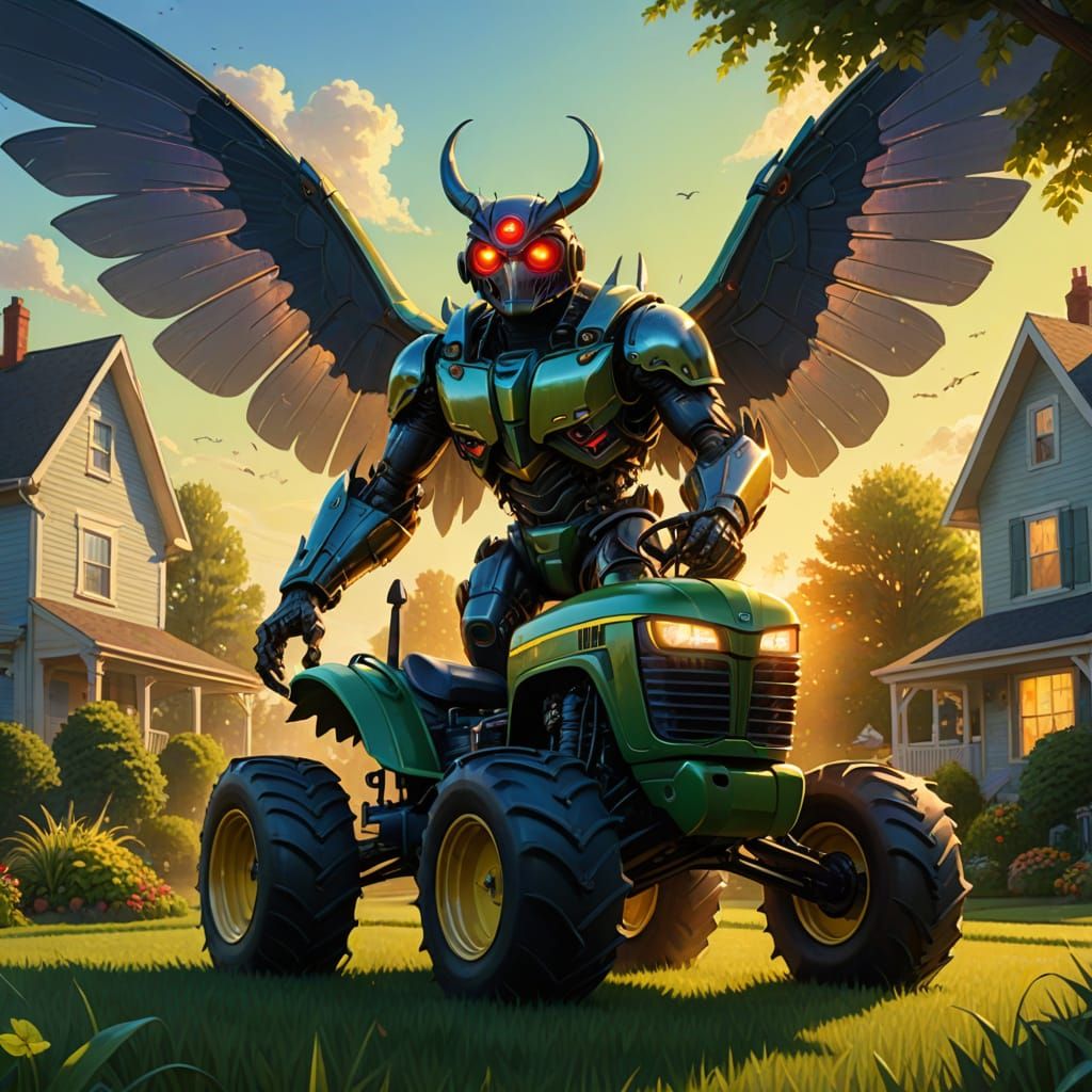 Mothman Mowing Lawn: Surreal Digital Concept Art