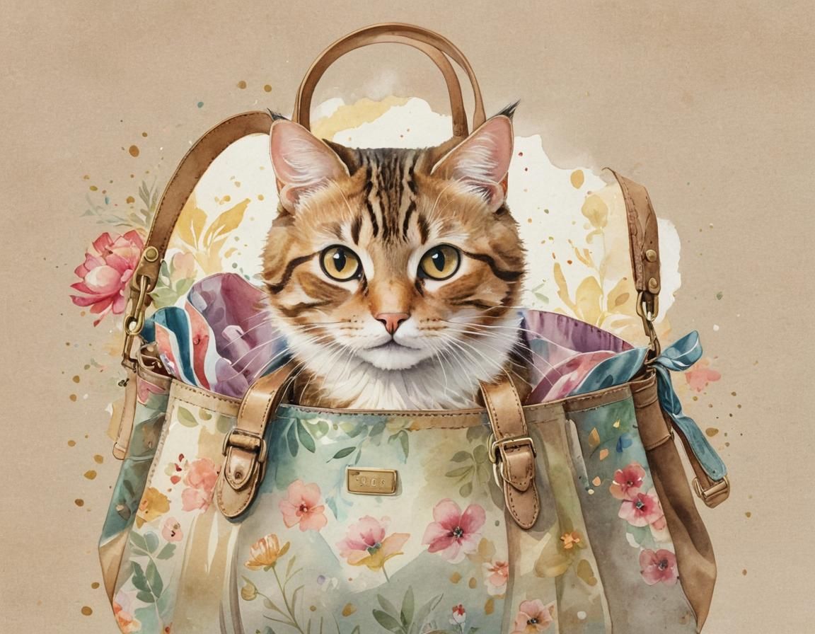 Tabby Cat's Mischief: Watercolor Handbag Portrait