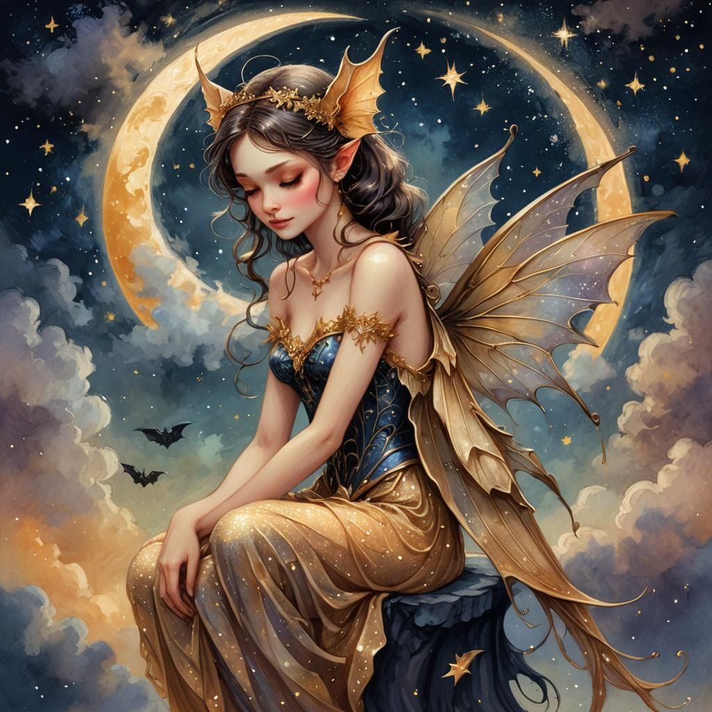 Ethereal Fairy and Bat on Crescent Moon