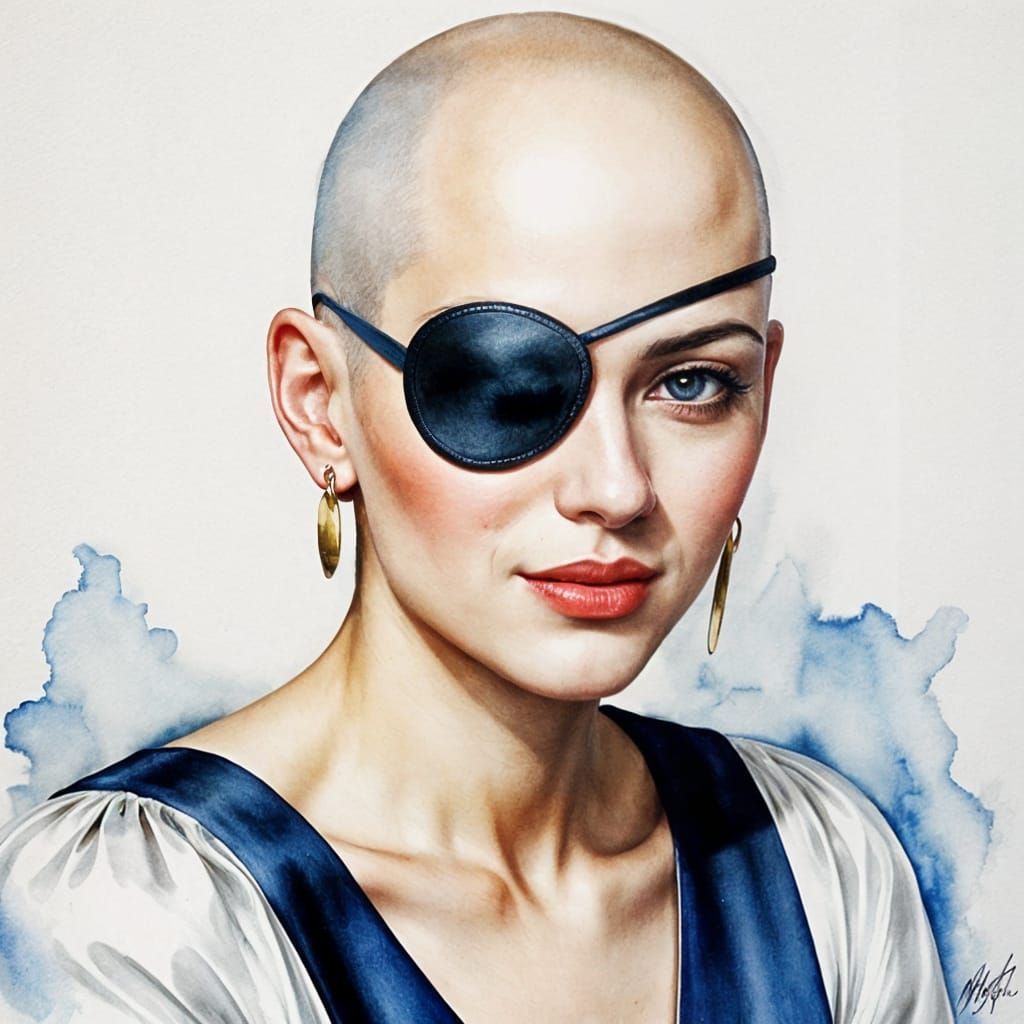 Watercolor Portrait of a Bald Woman with Eyepatch