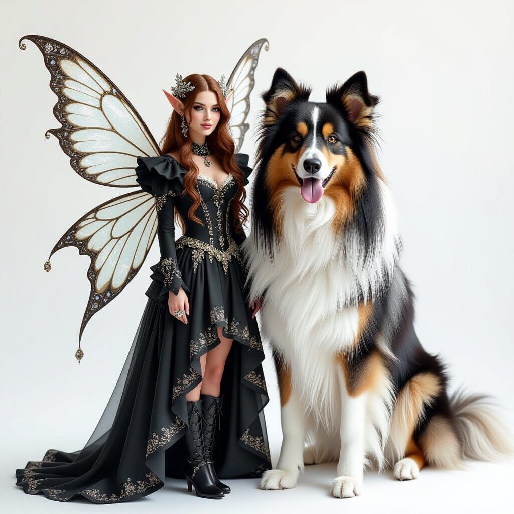 Elegant Elf & Fairy with Goth Style Outfit and Sheltie Dog