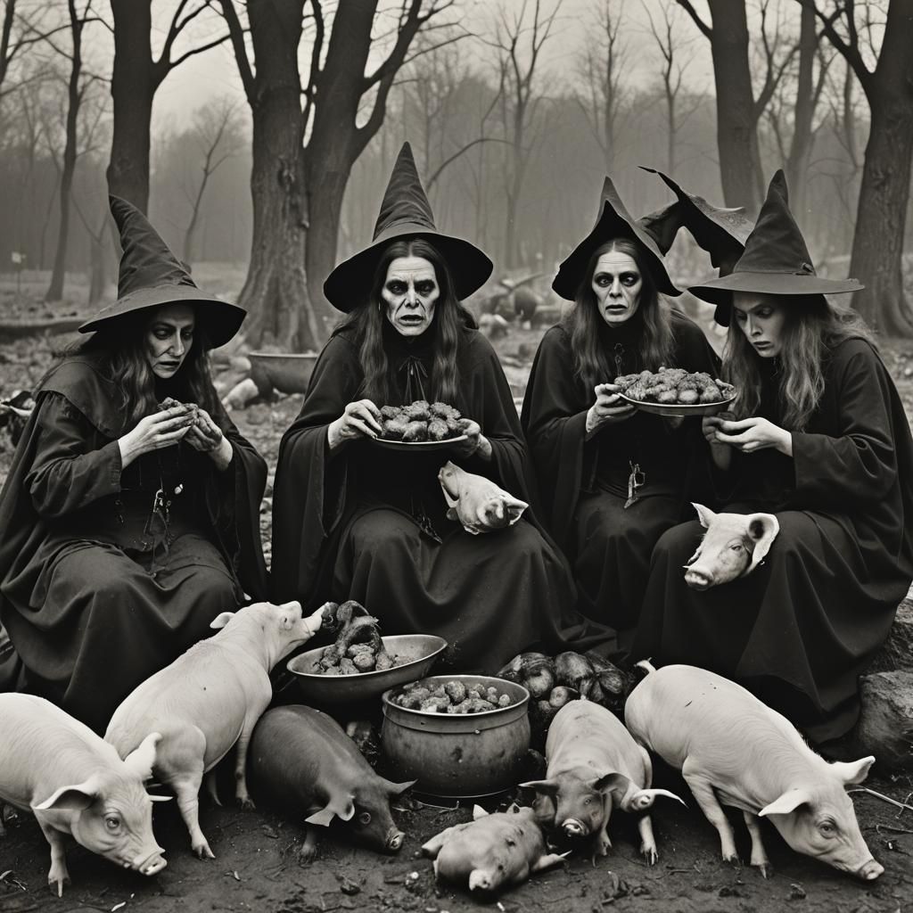 Surreal Vintage Photograph of Witches Feasting