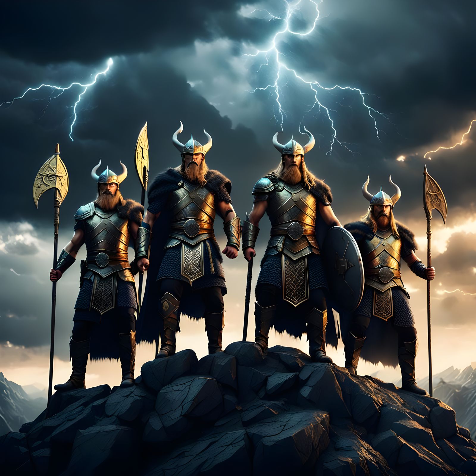 Mythical Viking Warriors in Thunderstorm with Dragons