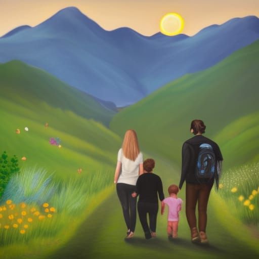 Family Hike: Hyperrealistic Mountain Landscape Painting