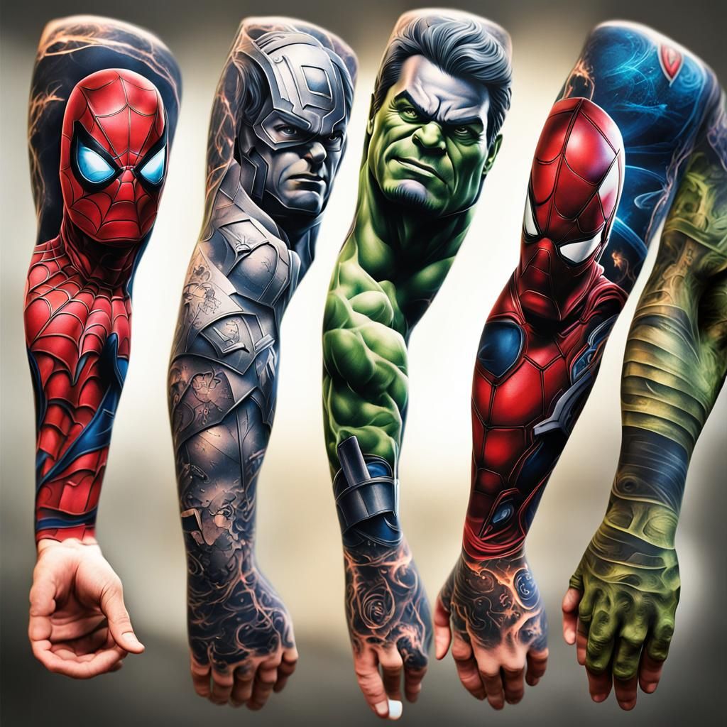 Marvel Superhero Full Arm Sleeve Tattoo Design