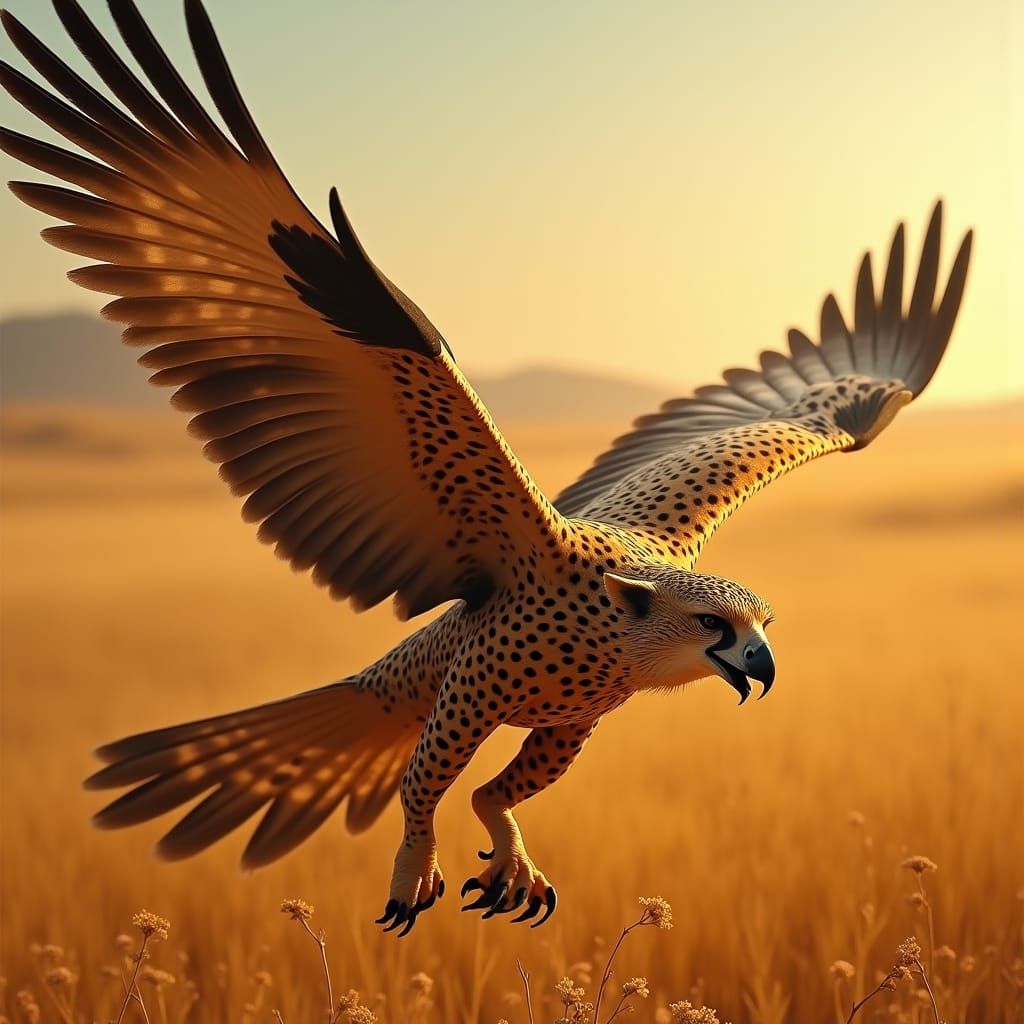 Cheetah-Eagle Hybrid Soaring Over Savannah, Fantasy Concept ...