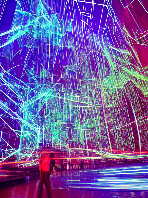 Girl Stepping into Vibrant TRON Cityscape